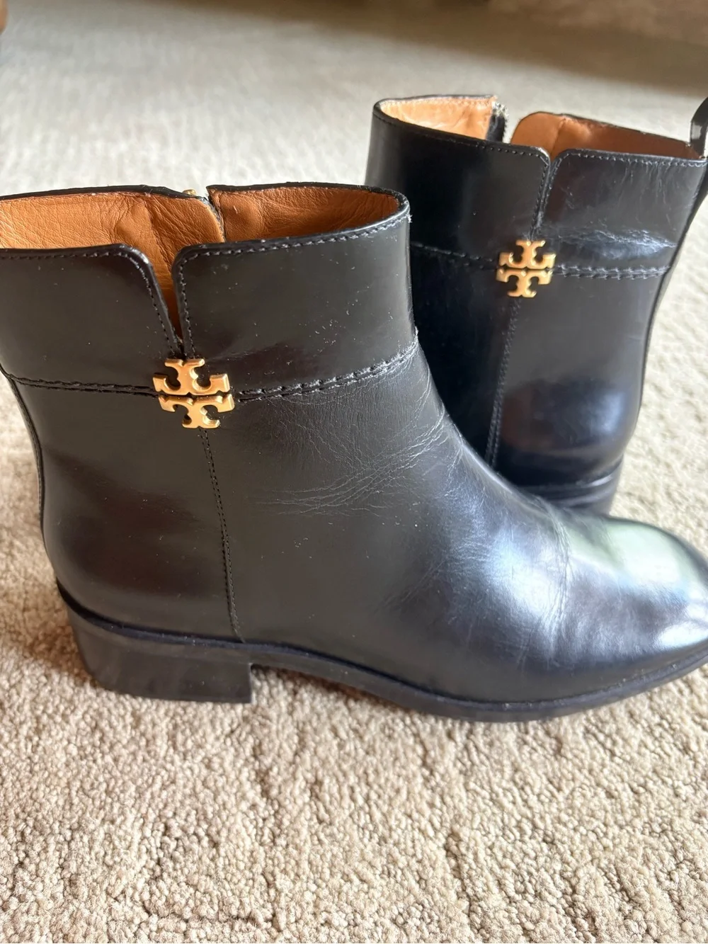 Tory Burch Black Leather Ankle Booties with Gold Logo Stud